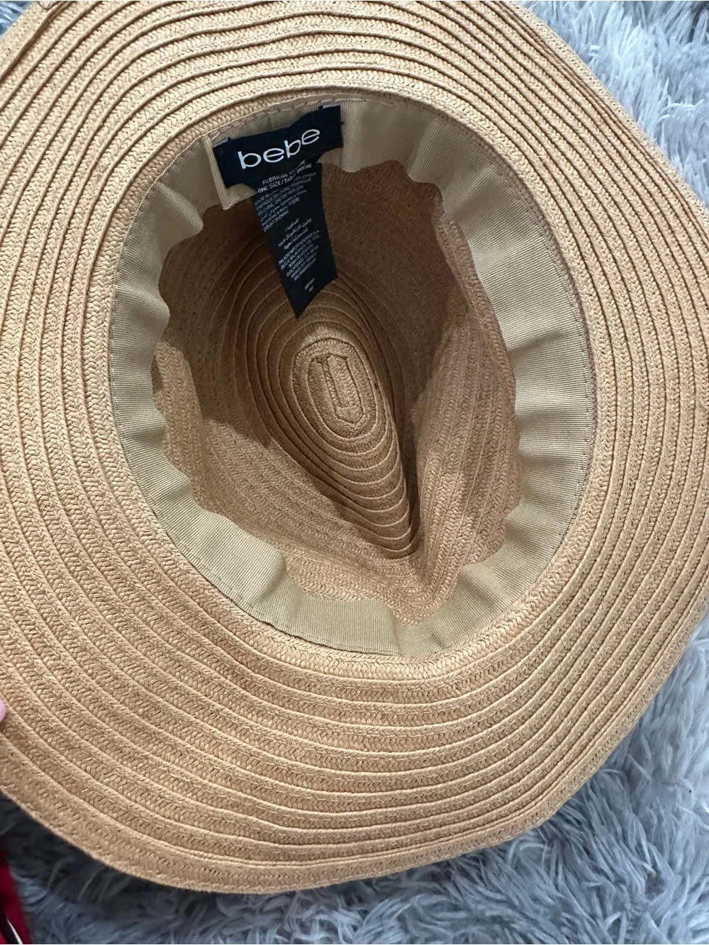 bebe Tan Straw Sun Hat with Black Ribbon and Gold Logo